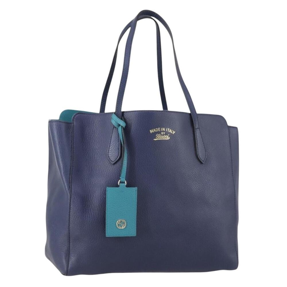 Gucci Tote Bag Leather Blue Gold Auth #359469G68B